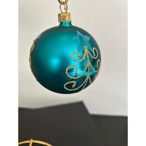 Christmas Ornament Holiday Teal Blue Gold Glitter Tree Star Glass Round Sphere